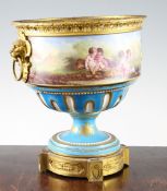 A Sevres style porcelain pedestal vase, mid 19th century, with gilt metal mounts, painted with