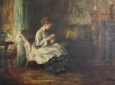 Victorian Schooloil on canvas,Interior with lady sewing,dated 1872,10 x 13.5in.