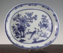 A Chinese blue and white oval dish, Qianlong period, painted to the centre with two pheasants amid