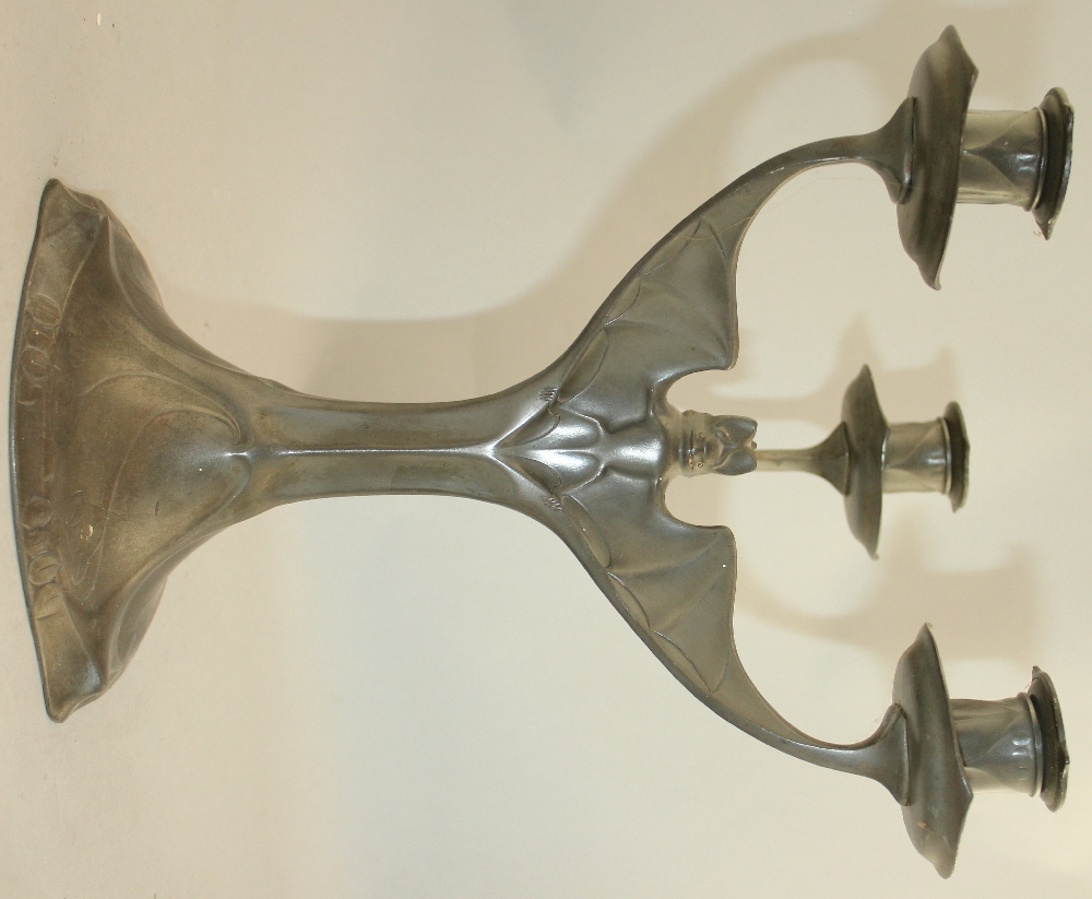 Hugo Levin. A Kayserzinn pewter three branch 'bat' candelabra, each branch modelled as a bat wing - Image 3 of 5