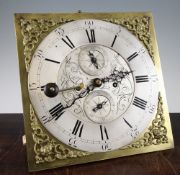 A George III eight day longcase clock movement, with unsigned 13 inch square brass dial and two