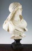 A Continental Art Nouveau carved marble bust modelled as a young woman, with flowing hair, on a