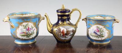 Two Sevres style porcelain wine coolers and a coffee pot and cover, 19th century, the wine coolers