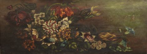 Early 19th century English Schooloil on canvas,Still lifes of flowers,14 x 36in., laurel carved pine