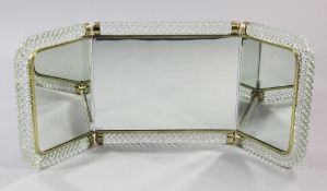 A French Art Deco folding triptych mirror, with brass and glass mounted frame, 1ft 6in.