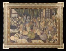 A 19th century Persian School watercolour, of an interior court scene with various figures, within a