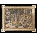 A 19th century Persian School watercolour, of an interior court scene with various figures, within a