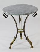A French Empire style wrought iron gueridon, with circular grey marble top and open work tripod base