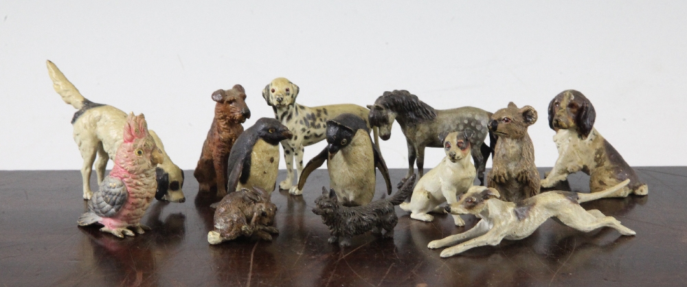 A collection of thirteen late 19th / early 20th century cold painted bronze animals, probably