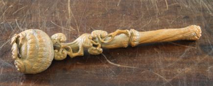 A Chinese wood ruyi sceptre, carved as lingzhi fungus, 35cm