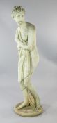 A large reconstituted stone garden figure of 'Pandora', on circular base, H.5ft 2in.