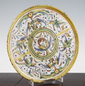 A Deruta maiolica tazza, Italy, first half 17th century, painted in polychrome colours to the centre