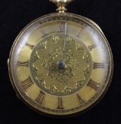 A Victorian 18ct gold keywind pocket watch, with chased and engraved case and yellow Roman dial, (