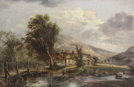 19th century English Schooloil on canvas,Figures and cottages in a landscape,12 x 18in,
