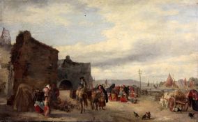 J. King (19th C.)oil on wooden panel,Coastal scene with fisherfolk on the quay,signed,11.5 x 18.