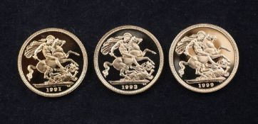 Three gold proof full sovereigns, 1991, 1993 &1999, with certificates.