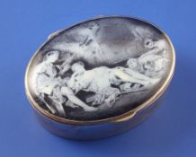 An early 20th century continental 935 standard silver and enamel oval pill box, the hinged lid