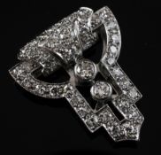 A 1930's Art Deco white gold and diamond set clip brooch, of geometric openwork design, approx.