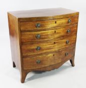 A George III mahogany bowfront chest, of four long graduated drawers, on splayed bracket feet, W.3ft