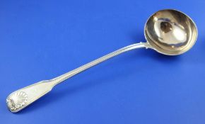 A Victorian silver fiddle, thread and shell pattern soup ladle, with engraved armorial, Elizabeth
