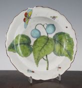 A Chelsea Hans Sloane botanical plate, c.1758, painted with butterflies and insects amidst three