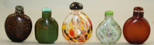 Five Chinese glass snuff bottles, 1730-1860, in imitation of hardstone, 4.5cm-5.5cm, Richards no.s