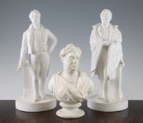 Two Minton biscuit bone china portrait figures and a similar bust, c.1832-40, the standing figures