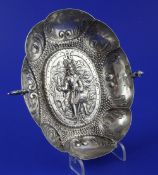 A 19th century Austro-Hungarian? silver two handled shallow dish, of cusped oval form and embossed