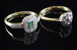 A 1920's 18ct gold and platinum, emerald and diamond tablet ring and a similar 18ct gold and diamond