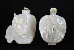 Two Chinese mother-of-pearl snuff bottles, 1800-1900, the first of spade form carved in high