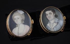 A pair of 19th century gold mounted mourning portrait miniature bracelet clasps, one of a lady and