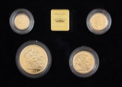 A cased Royal Mint 1992 gold proof sovereign four coin collection set, comprising half sovereign,