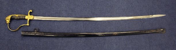 A Third Reich army officer's sword, the fullered blade marked for WKC, the lion head pommel with