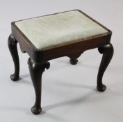 A George III style mahogany stool, with rectangular drop in, on cabriole legs and pad feet, W.1ft