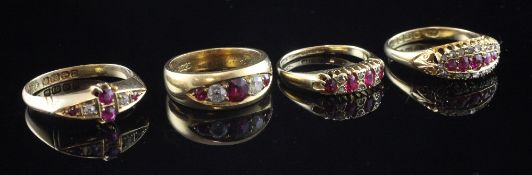Four early 20th century 18ct gold, ruby and diamond set rings, of varying designs and sizes.