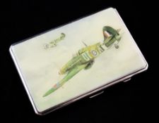 A George VI silver cigarette case with enamelled top painted with two Hurricanes, of rectangular