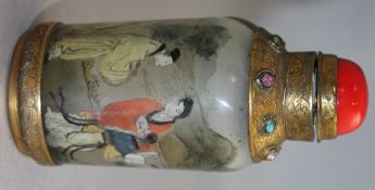 A Chinese inside-painted glass table snuff bottle, early 20th century, with engraved brass and gem