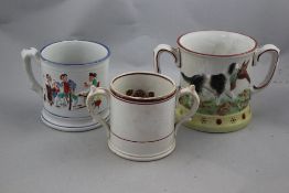 Three Staffordshire pottery 'frog' mugs, late 19th century, the first two handled and moulded with