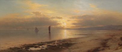 J C Soil on canvas,Coastal landscape at sunset,monogrammed,16 x 36in.