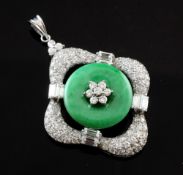 A Chinese 14K white gold, jadeite and diamond openwork pendant, of quatrefoil form, with central