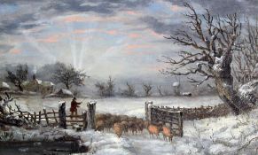 19th C. English Schooloil on wooden panel,Shepherd and flock in winter,7.5 x 12in.
