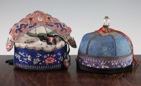 Two Chinese embroidered silk hats, late 19th / early 20th century, the first an official's hat