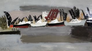 Pierre Célice (1932-)gouache on paper,Trawlers in harbour,signed and dated '62,10.5 x 19in.