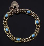 An Edwardian 9ct gold and turquoise curb link bracelet, with heart shaped padlock and set with six