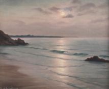 Roger de la Corbière (French, 1893-1974)oil on canvas,Sunset over the coast,signed,18 x 21in.