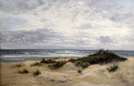 Sidney Eastlake (20thC)oil on canvas,Sand dunes with waves beyond,signed,24 x 36in.