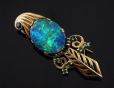 A stylish 1970's? 18ct gold, opal doublet and gem set brooch, modelled as a bird, with maker's mark,