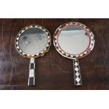 Two 19th century Ottoman circular hand mirrors, each with geometric mother of pearl, tortoiseshell