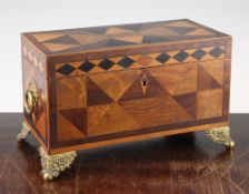 A 19th century parquetry inlaid rectangular tea caddy, with lidded compartments and central mixing