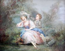 French School c.1900oil on ivory,Lovers beside a stream,indistinctly signed,3 x 4in.